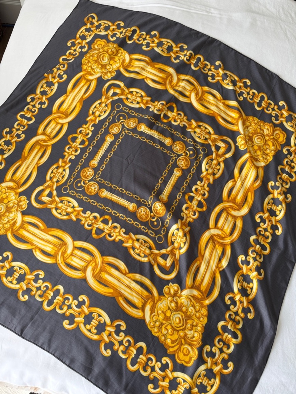 Gold Chain Print Grey Scarf approx 34” square